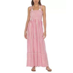 Raviya Tiered Striped Dress Cover-Up Womens Size S Pink White Smocked Pockets